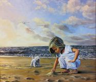 75x65cm "Mädchen mit Hund am Meer"